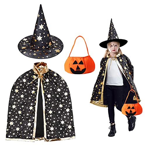 DONGQI Costume de Sorcière D'halloween pour Enfants, Costumes D'enfants D'halloween, Chapeau de Sorcier et Sac de Bonbons Citrouille, Costume ​pour Fête de Cosplay D'halloween Garçon Fille Cover