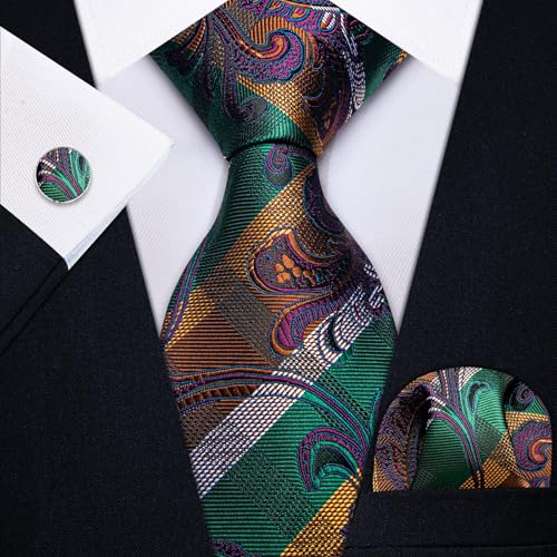 Image of YourTies Silk Paisley Floral Tie and Pocket Square Cufflinks with Lapel Pin Sets for Men 5PC Wedding Party