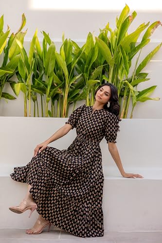 Image of LABEL ADRIJA Pure Cotton Calf Length Midi Dress for Women Floral Print | Flared Anarkali Dress Puff Sleeves