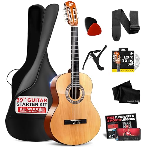 Pyle Beginner Acoustic Guitar Kit, 4/4 Full Size All Wood Build Nylon String Instrument with Capo, Strap, Extra String Set, Gig Bag, Guitars for Beginners Adults Youth, 39' Natural Gloss