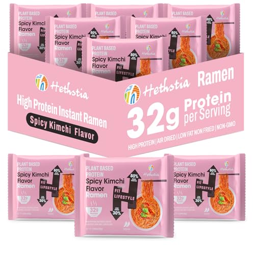 Hethstia Protein Ramen Spicy Kimchi Flavor, 6-Pack Instant Kimchi Noodle Soup, 32g Plant-Based Protein, Vegan, Low Fat, Non-GMO, Healthy High Protein