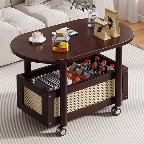 Mesa de centro con almacenamiento, mesa de salón ovalada de 2 niveles con ruedas giratorias para tazas, libros, aperitivos, revistas