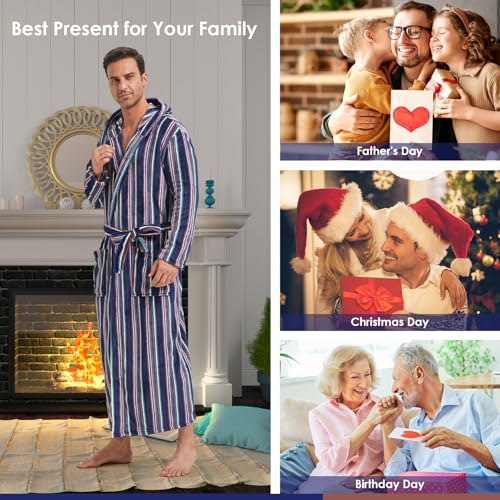 Image of FashGudim Mens Robes Big and Tall with Hood Two-Tone Flannel Fleece Contrast Bathrobe Full Length Plush Long Robe House Coat