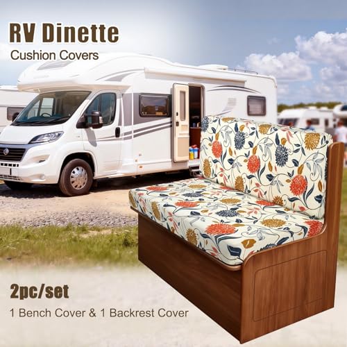 Image of SearchI RV Dinette Cushion Covers, Stretch Camper Cushion Slipcovers for Travel Trailer Couch RV Booth Seat, Replacement Camper Sofa Chair Protector (1 Backrest Cover & 1 Bench Cover, Orange Flower)