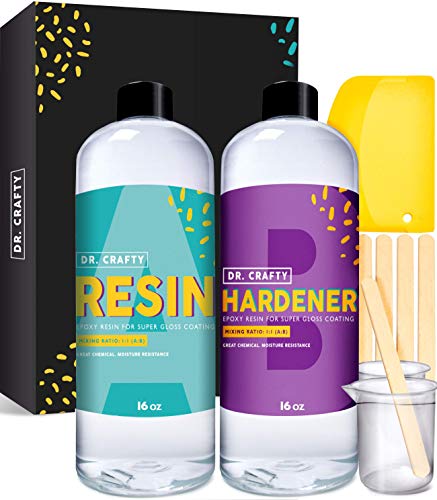 DR CRAFTY Clear Epoxy Resin Kit Art Resin Epoxy Clear Resin 2 Part Epoxy Resin Crystal Clear Casting Resin Jewelry Resin 32 Ounce Kit with Bonus Measuring Cups, Plastic Spreader and Wooden Sticks