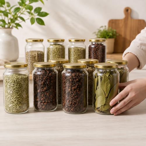 Image of Pure Source India Premium 800gm Clear 6 Pcs Glass Jar with Gold Lug Cap | Airtight Food Storage Jar for Honey, Jam, Pickles, Spices & Preserves