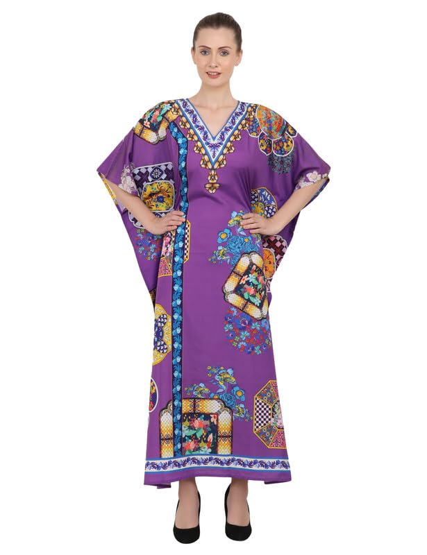 Image of Miss Lavish London Purple Kaftan Dresses for Women V Neck Batwing Sleeve Beach Vacation Bikini Swimsuit Cover Ups, Ethnic Print Plus Size Dubai Caftan Maxi Dress with Side Slits-Purple-S