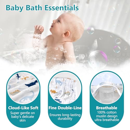Image of PHF 2 Pack Baby Hooded Towels, 100% Muslin Cotton Baby Bath Towel with Hood for Newborn, Infant, Toddler, Ultra Soft and Absorbent Baby Essentials Bath Towels for Boys, 32x32Inch, Dinosaur