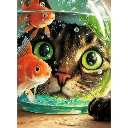 Puzzle de 300 piezas para adultos con gato y peces dorados, 20.5 x 15 pulgadas, arte divertido de mascotas miniatura 1