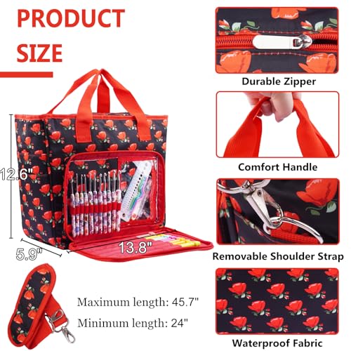 Image of Mdoker Knitting Bags and Totes Organizers Large Crochet Bag Lightweight Yarn Bags for Travel Yarn Storage Organizers for Crochet Hooks,Yarn,Knitting & Crochet Supplies(Red Rose)