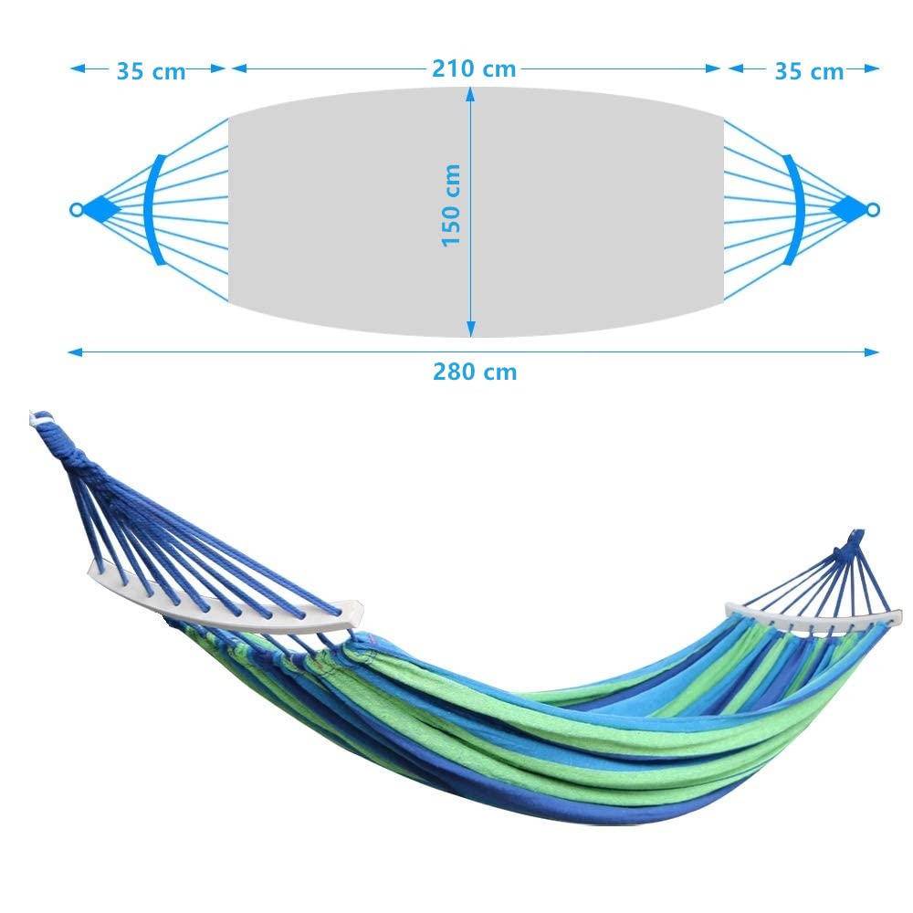 Doppel Hängematte 280 x 150 cm, Outdoor Hängematten Stabhängematte für Reise Camping Wandern Garten, tragbar und atmungsaktiv, Belastbarkeit bis 300 kg, Blaue Streifen