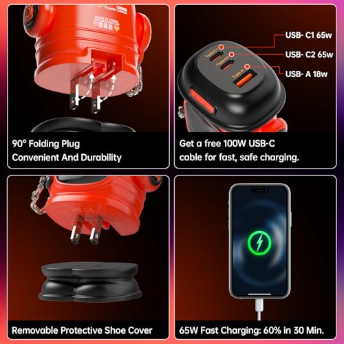 Image of Divoom Dipow 65W USB-C Charger 3-Port Fast GaN Charger with DIY Pixel Display Foldable Compact Wall Block Power Adapter for iPhone 17 /16 MacBook iPad Galaxy S23 /S24 Switch (with 100w Cable) (Red)