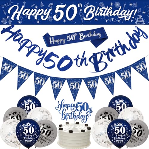 Navy Blue Silver 50th Birthday Banners for Men - Happy Birthday Party Decorations with 9ft Banner Confetti Latex Balloons Bunting Sash Triangle Flags Cake Toppers