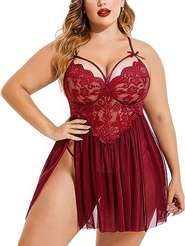 Image of Plus Size Lingerie Lace Babydoll Womens Strap Chemise Nightgown V Neck Nighty Mesh Sleepwear Side Slit Nightdress with G-Sting Panty
