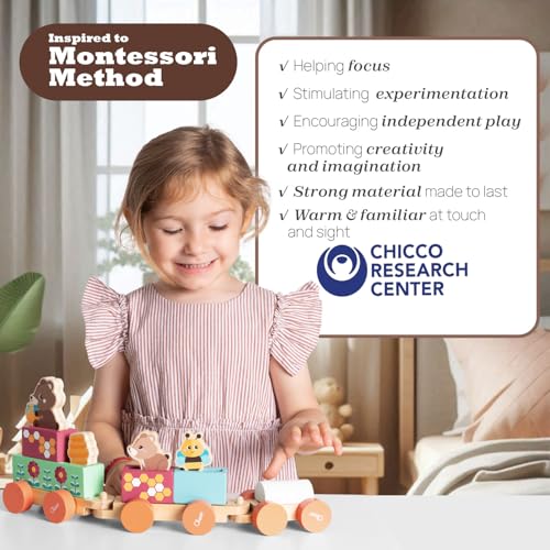 Chicco Jeu en bois Train des oursons Jeu Montessori 3 personnages exclusifs 5 blocs de couleur Train avec 3 wagons en roue libre Jeux pour filles Jouets pour enfants 2+ ans Idée cadeau - vue 5