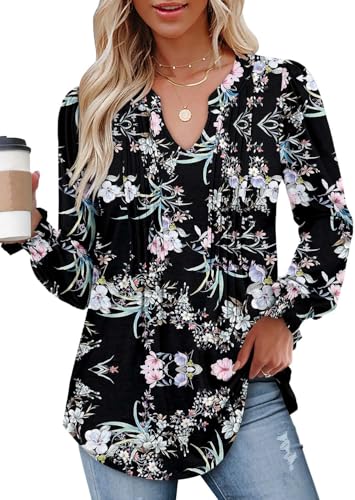 BETTE BOUTIK Long Sleeve Shirts for Women Fall Tops Dressy Blouses Pleated V Neck Tunic Tops for Leggings S-3XL