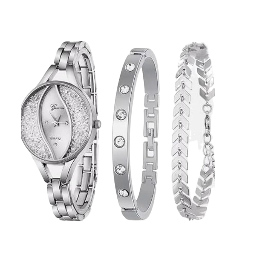 Women Quartz Watch, Fashion Elegant Round Dial Spiral Crown Watch Bracelet Set (Silvery)