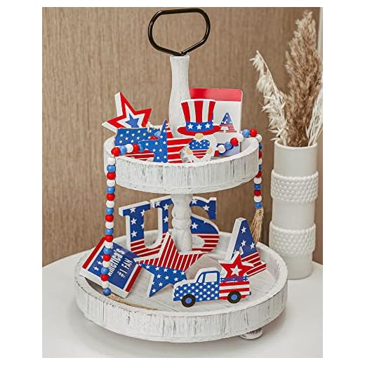 11 Pcs 4th of July Tiered Tray Decor Wood Patriotic Decorations Set Rustic Farmhouse Decor Independence Day Small Star Sign Red White Blue Blocks Decor for American Flag Memorial Day Decor Home Party