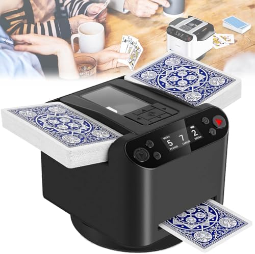 Automatic Card Shuffler & Dealer for 1-12 Players, USB-C Rechargeable, 4 Remote Controls, 360° Rotation, Built-in Games for Poker, UNO, Blackjack, Rummy & More