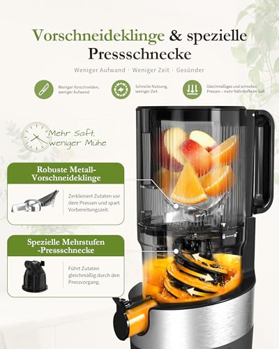 ZACHVO Entsafter, Slow Juicer mit 130mm Breite Fütterungsröhre für Ganze Gemüse und Obst Testsieger, Tritan BPA-frei, 220W Saftpresse Elektrisch, Leicht zu Reinigender Juicer, Inkl. Saftrezepte