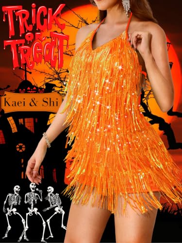 Image of Kaei&Shi Sequin Fringe Romper,Sparkly Glitter Metallic Jumpsuits For Women,Backless Shorts Dress Disco Birthday Dance Outfit