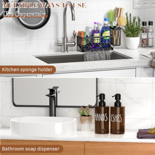 Image of MASADI Kitchen Dish Soap Dispenser Set with Sponge Holder, 12OZ Glass Bottle, Hand and Dish Soap Dispenser Set, Non-Slip Silicone Pad, Brush Holder, Kitchen Sink Organizer Countertop (Black+Amber)