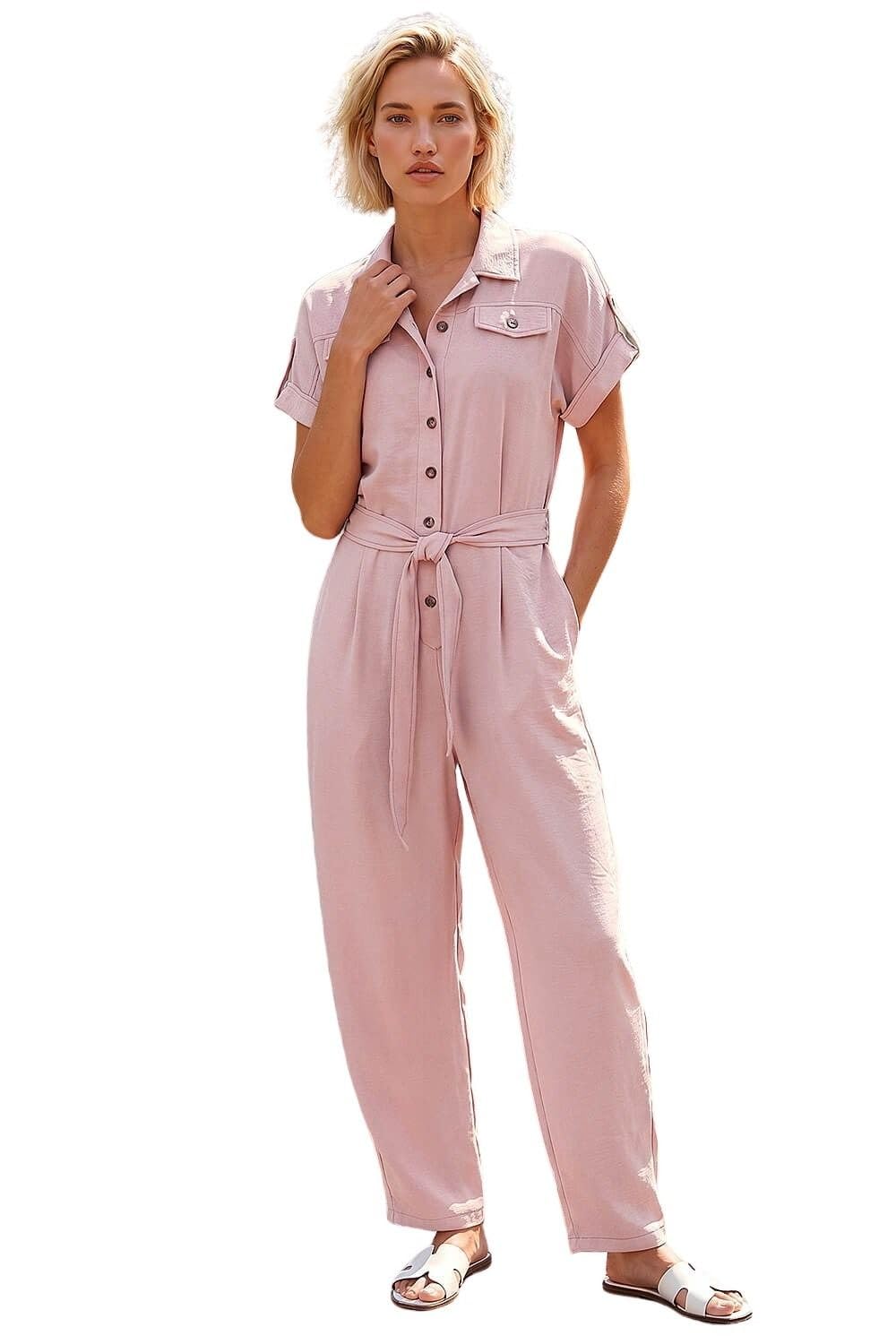 Roman Originals Utility Buttoned Jumpsuit for Women UK - Ladies Everyday Holiday Spring Summer Collar Neckline Comfy Soft Evening Vacation Work Party - Light Pink - Size 14