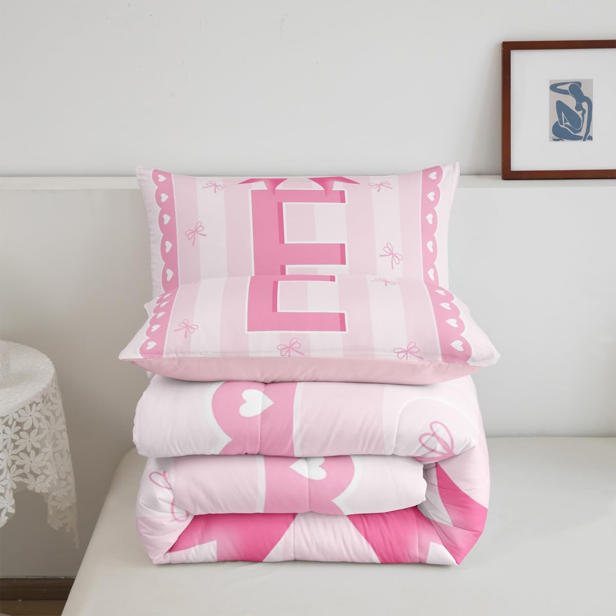 jejeloiu Pink Bow Kids Bedding Set Twin Size,Girl Bow Coquette Comforter Set,Initial Letter E Ultra Soft Duvet Quilt,Butterfly Knot Princess Comforter Personalized Letter E Bedroom Decor