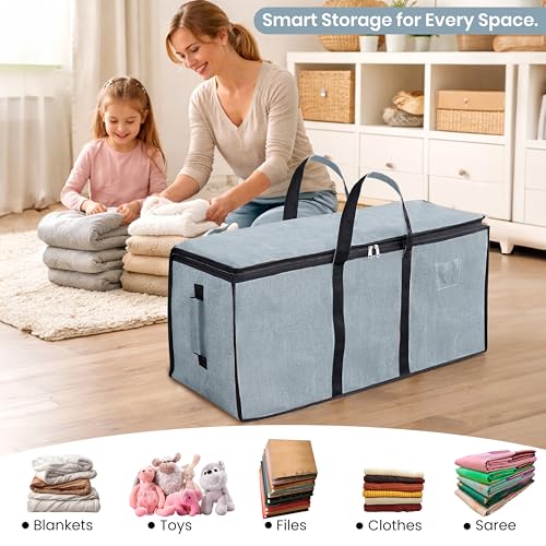 Image of Storite Multi-Purpose Heavy Duty Moisture Proof 81 Litres Canvas Super-Size Jumbo Underbed Storage Bag /Toys /Blankets /Stationery Paper /Clothes Storage Bag (87x36x26 cm) (Light Grey)