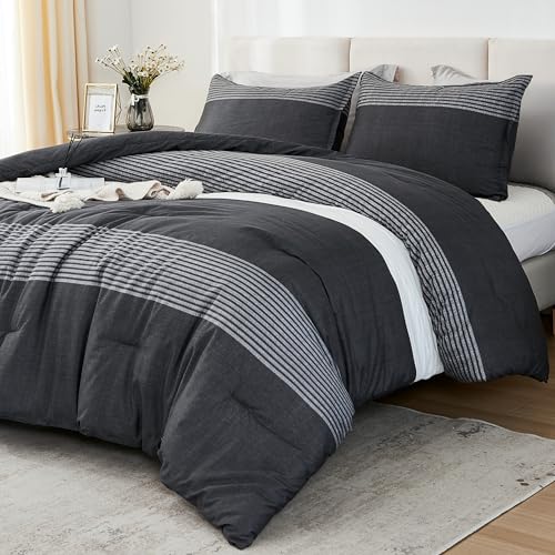 Litanika Full Size Comforter Sets Black White Grey - 3 Pieces Lightweight Bedding Set, All Season Down Alternative Comforter (1 Comforter, 2 Pillowcases)