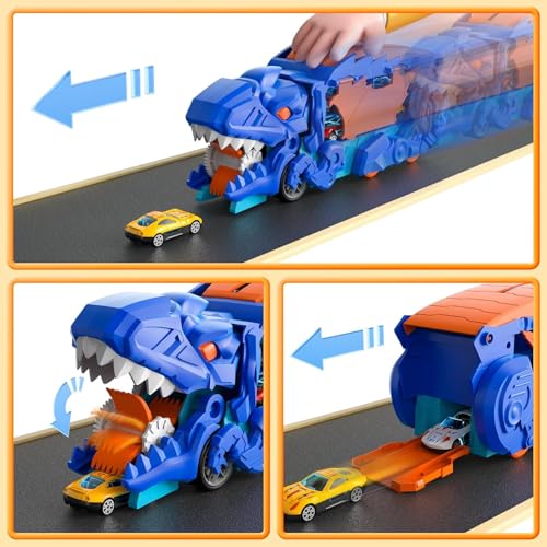 Image of Dinosaur Planet Transporter Truck Toy with Track | Push & Go Dinosaur Car Carrier with 2 Die-Cast Cars | Convertible Race Track Playset | Toy Gift for Boys & Girls Ages 3-6 Year