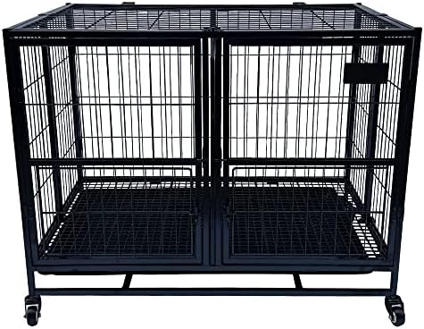 37" STKBES Open Top Stackable Heavy Duty Dog Cage Strong Metal Kennel and Crate Double Door Foldable Dog Kennel with Four Wheels,Floor Grid,Casters and Tray Easy to Assemble