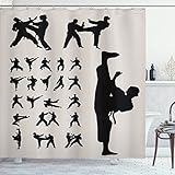 Lunarable Taekwondo Shower Curtain, Silhouettes of Martial Arts Professional Hobby Activities Print, Cloth Fabric Bathroom Decor Set with Hooks, 69' W x 70' L, Grey Yellow Charcoal Grey