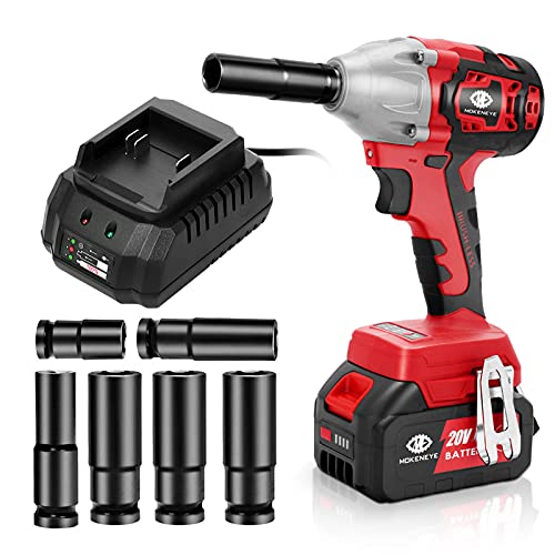 MOKENEYE 20V Cordless Brushless Impact Wrench with 4.0 Ah Battery, 300 Ft-lbs Torque, 3-Speed up to 2900 RPM, 6 Impact Sockets, 1/2 Inch Battery Powered Impact Wrench for Car Tires