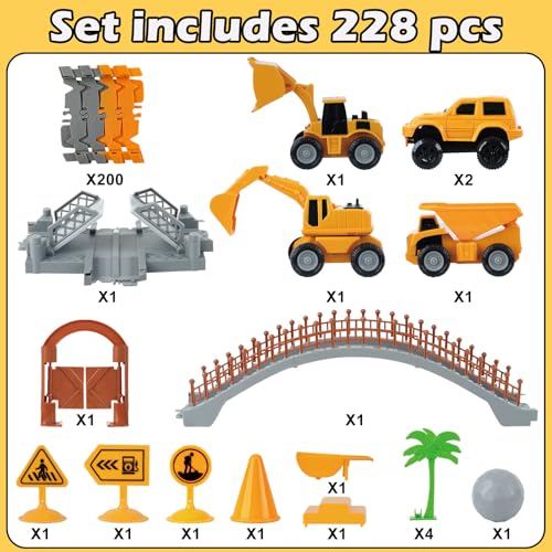 Image of Construction Race Car Track Set for Kids - Flexible Engineering Toys with 2 Electric Cars, Birthday Gift for 3 4 5 6 7 Year Old Boys, DIY Road Games Playset with 220+ PCS
