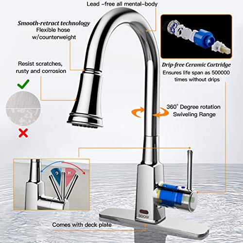 Touchless Kitchen Faucet,Soosi Motion Sensor Single Handle Automatic Kitchen Faucets One/3 Hole 3-Function Kitchen Faucets With Pull Down Sprayer Spot Free Polished Chrome Solid Brass Stainless Steel #TOP5