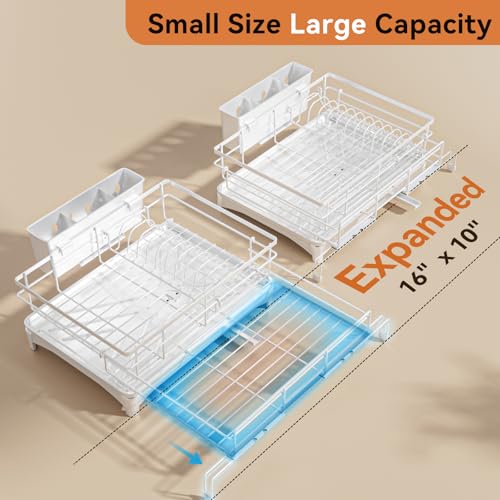 Laveshop Dish Drying Rack - Expandable Dish Rack, Large Capacity Dish Drainer for Kitchen Counter, Rust-Proof with Utensil Holder, White - Thumbnail 2
