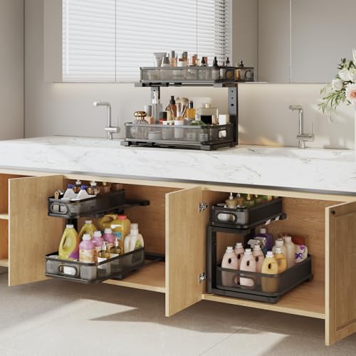 Image of 2 Pack 15.7IN-Depth Under Sink Organizer With Smooth Cylindrical Rail,2-Tier Pull Out Multi-Purpose Cabinet Storage for Bathroom&Kitchen,Height Adjustable,Rust-resistant Coating-Black