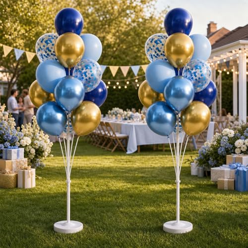 Image of Balloon Column Kit Set of 2, Anti-Tip Sand-Fill Base Balloon Tower Stand with 10 inch 26pc Blue Gold Confetti Balloons, Height Adjustable for Easter Birthday Wedding Bridal Party Decorations