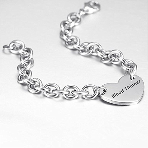 Lf 316L Stainless Steel Blood Thinner Engraved Medical Alert Heart Charm Link Bracelet Rolo Chain Medic Id Bracelets Monitoring Awareness For Womens For Outdoor Emergency #TOP2