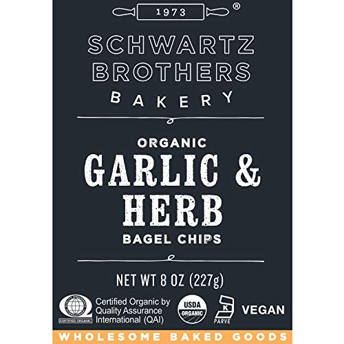 Schwartz Brothers Bakery, Bagel Chips, Garlic & Herb, Organic, Kosher, Artisanal, Vegan. Freshly baked 8oz container (Pack of 3)