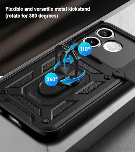Image of Casodon Shockproof Back Case Cover for Honor 600 Lite 5G, Shockproof Honor 600 Lite Back Cover, Ring Case with Kickstand and Camera Protection Shutter - Black