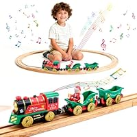 Battery Trains for Wooden Track, Electric Train for Wooden Track Set with 1 Santa Claus Doll and 2 Carriages 1, with Lights, Music, Train Set for 3 Year Old Boys