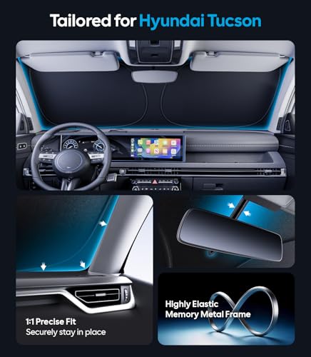 Image of Wigoo for Hyundai Tucson Windshield Sunshade [OEM Design, 100% Sun Blockage] Foldable Heat Insulation Sun Shade with Storage Bag, for Hyundai Tucson (2022-2026), Silver Coating