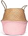 ADFBL Tkany koszyk na brzuchu z trawy morskiej, naturalne rękodzieło duży kosz na brzuch z trawy morskiej do przechowywania, prania, pikniku i tkanej słomkowej torby plażowej - pokrowiec na doniczki do wewnątrz dekoracyjny 11 cm (naturalny + różowy)