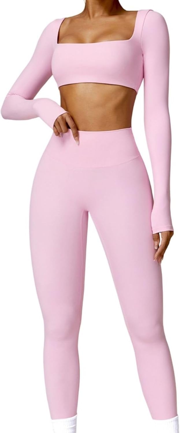 Women Activewear Set 2 Piece Workout Set Long Sleeve Crop Top High Waisted Leggings Yoga Running Gym Outfit