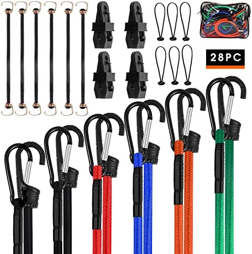 Jumpso 28Pcs Bungee Straps with Carabiner Hooks, Bungee Cords Assorted Sizes Includes 10'', 18", 24", 32", 40", 48” Heavy Duty Outdoor Elastic Straps Set with 4 Tarp Clips, 6 Bungee Balls in Bag