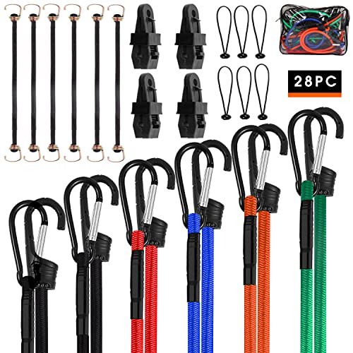 Jumpso 28Pcs Bungee Straps With Carabiner Hooks, Bungee Cords Assorted Sizes Includes 10'', 18", 24", 32", 40", 48” Heavy Duty Outdoor Elastic Straps Set With 4 Tarp Clips, 6 Bungee Balls In Bag #TOP3