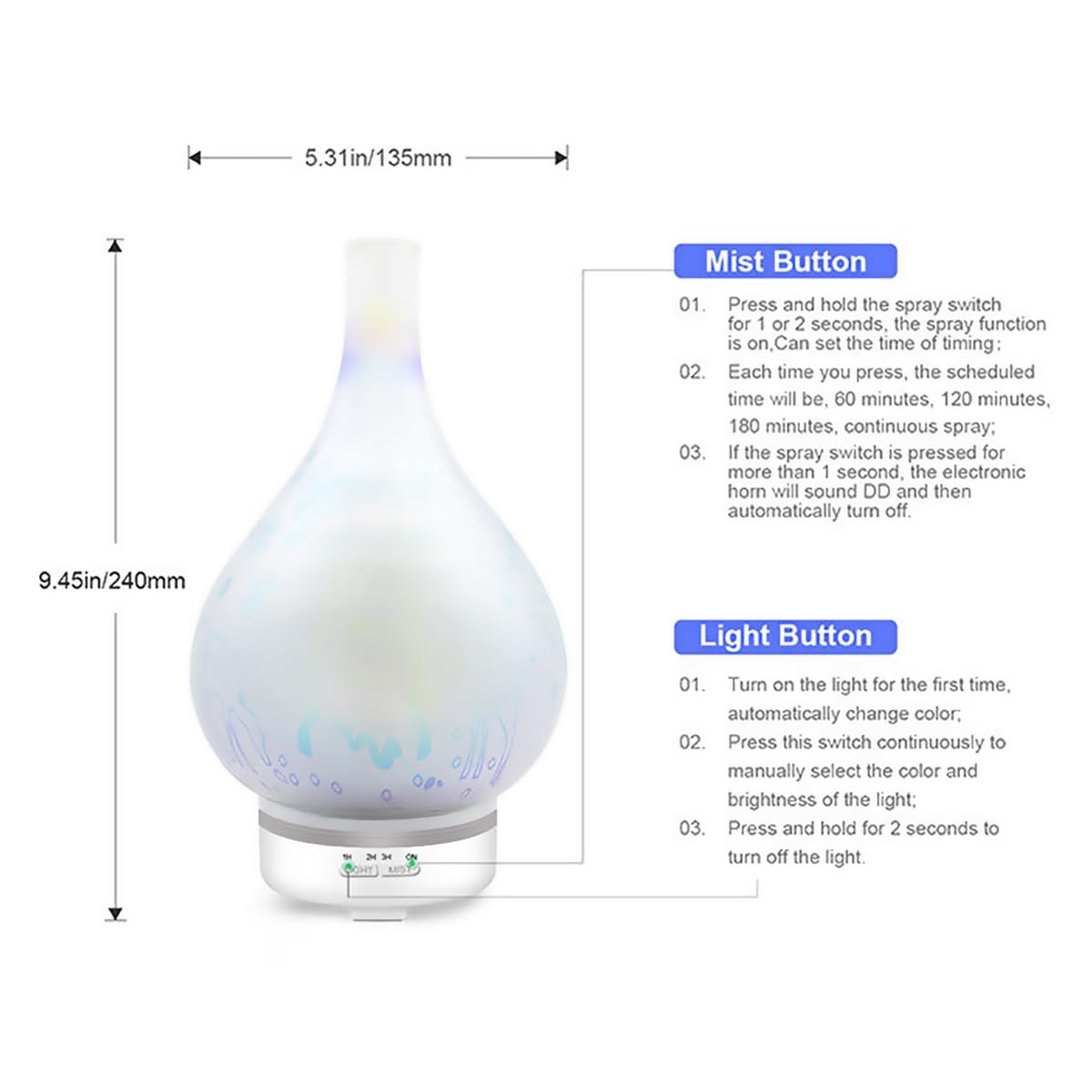 Diffusore di oli essenziali da 120 ml, diffusore di aromaterapia ad ultrasuoni in vetro 3D, diffusore di aromi con nebbia fredda, umidificatore silenzioso, per dormire, yoga, ufficio, lavoro, spa B