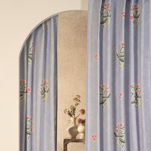 Image of Tranquebar Curtain Co. Window Curtains 5 Feet, 60-65% Room Darkening,Lavender Bird Print, Cotton Curtains for Window, Cotton Curtains 5 Feet Long Set of 2, BackTab Loops,Pihu (152 cm) - Set of 2